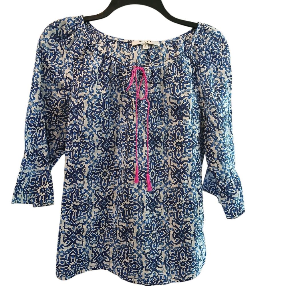 MILLY Womens Top Medium Blue Pullover Peasant Flare Sleeve Mosaic Pink Tassle